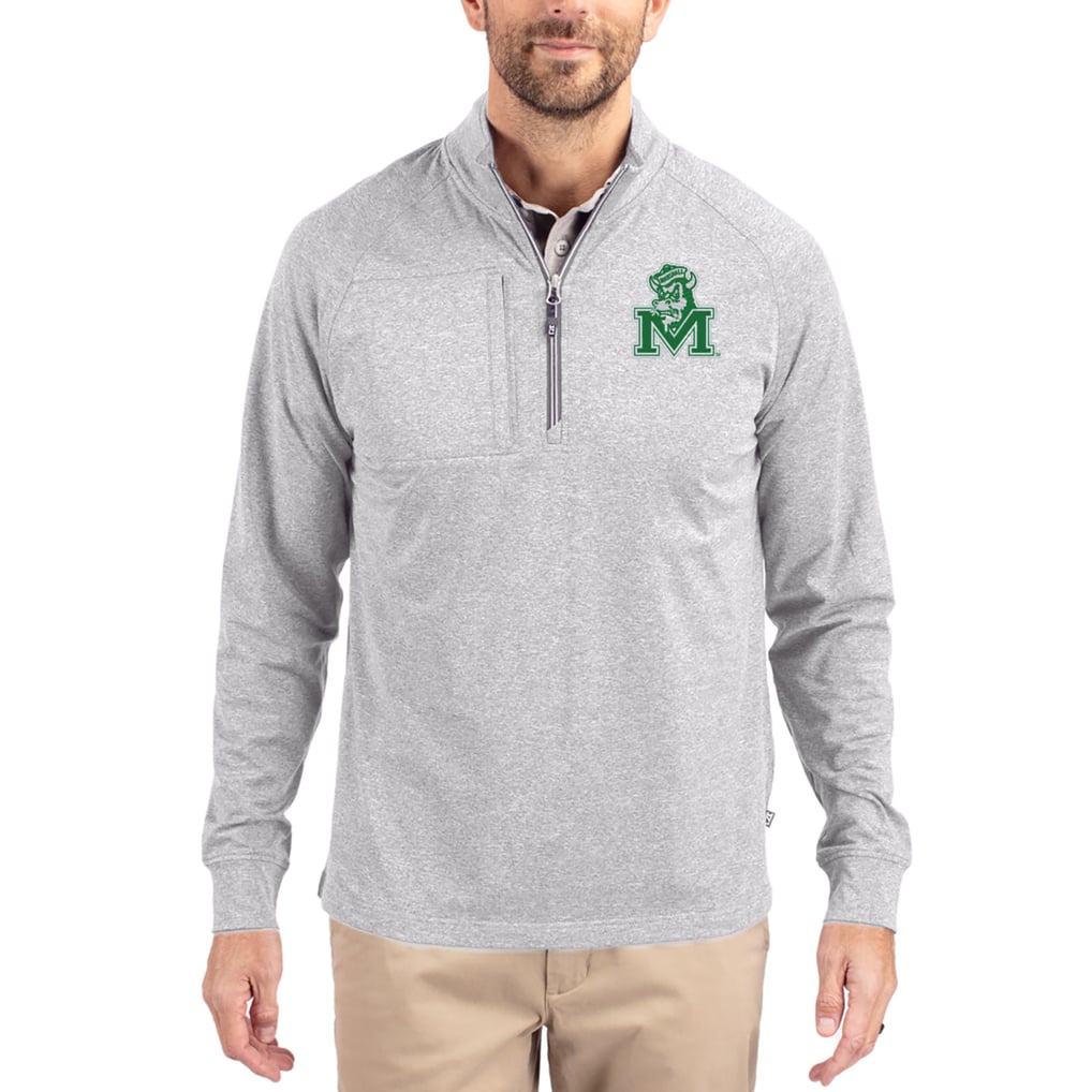  Marshall Thundering Herd Cutter & Buck Women's Adapt Eco Knit Stretch Recycled DryTec Raglan Quarter-Zip Pullover - Heather Gray